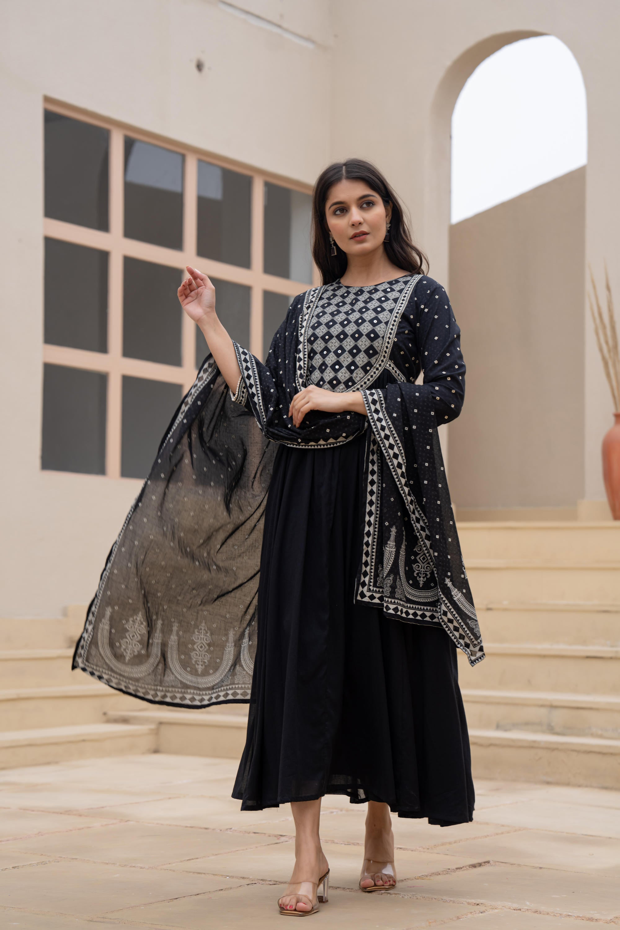 Black Anarkali Dress with Embroidered Dupatta | DesiQlo