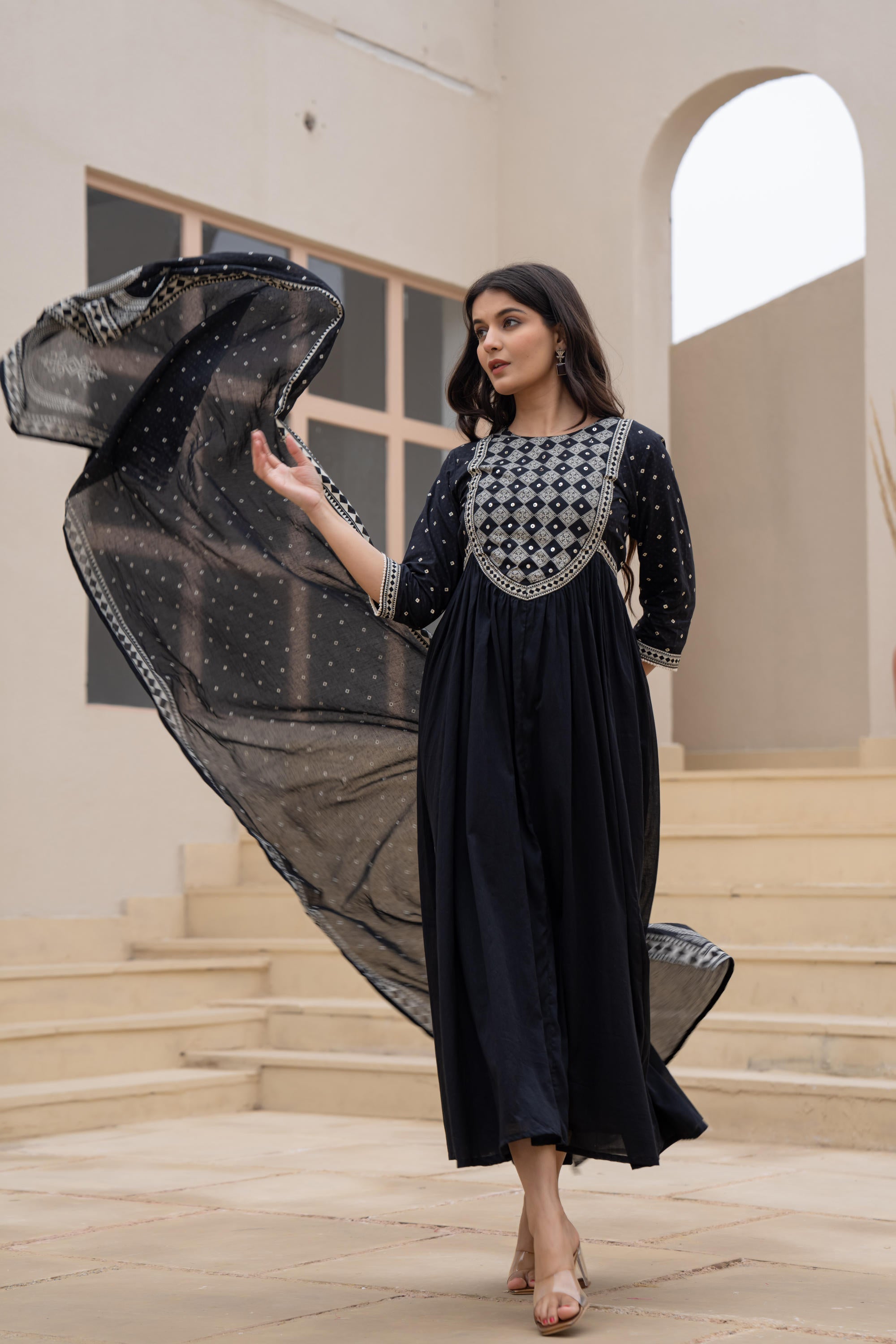 Black Anarkali Dress with Embroidered Dupatta | DesiQlo