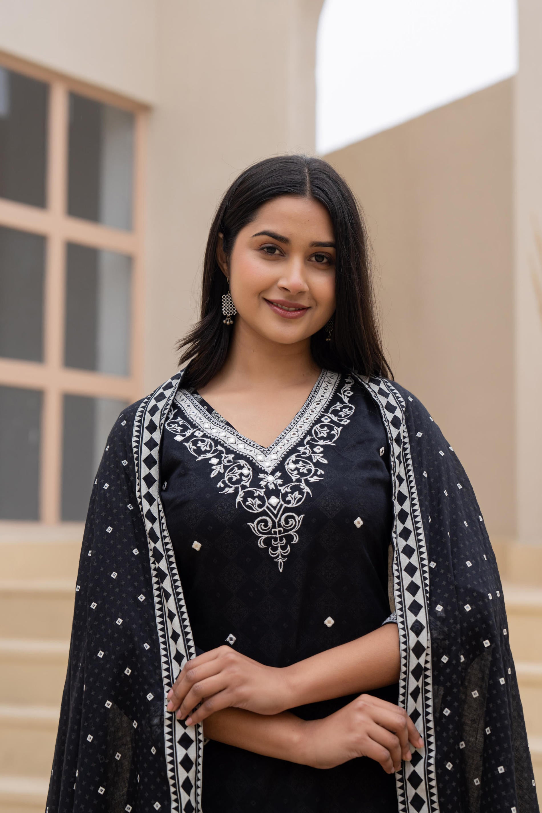 Black Printed Cotton Kurta Set with Embroidered Neckline & Dupatta | D