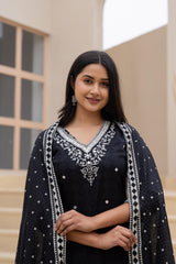 Black Printed Cotton Kurta Set with Embroidered Neckline & Dupatta