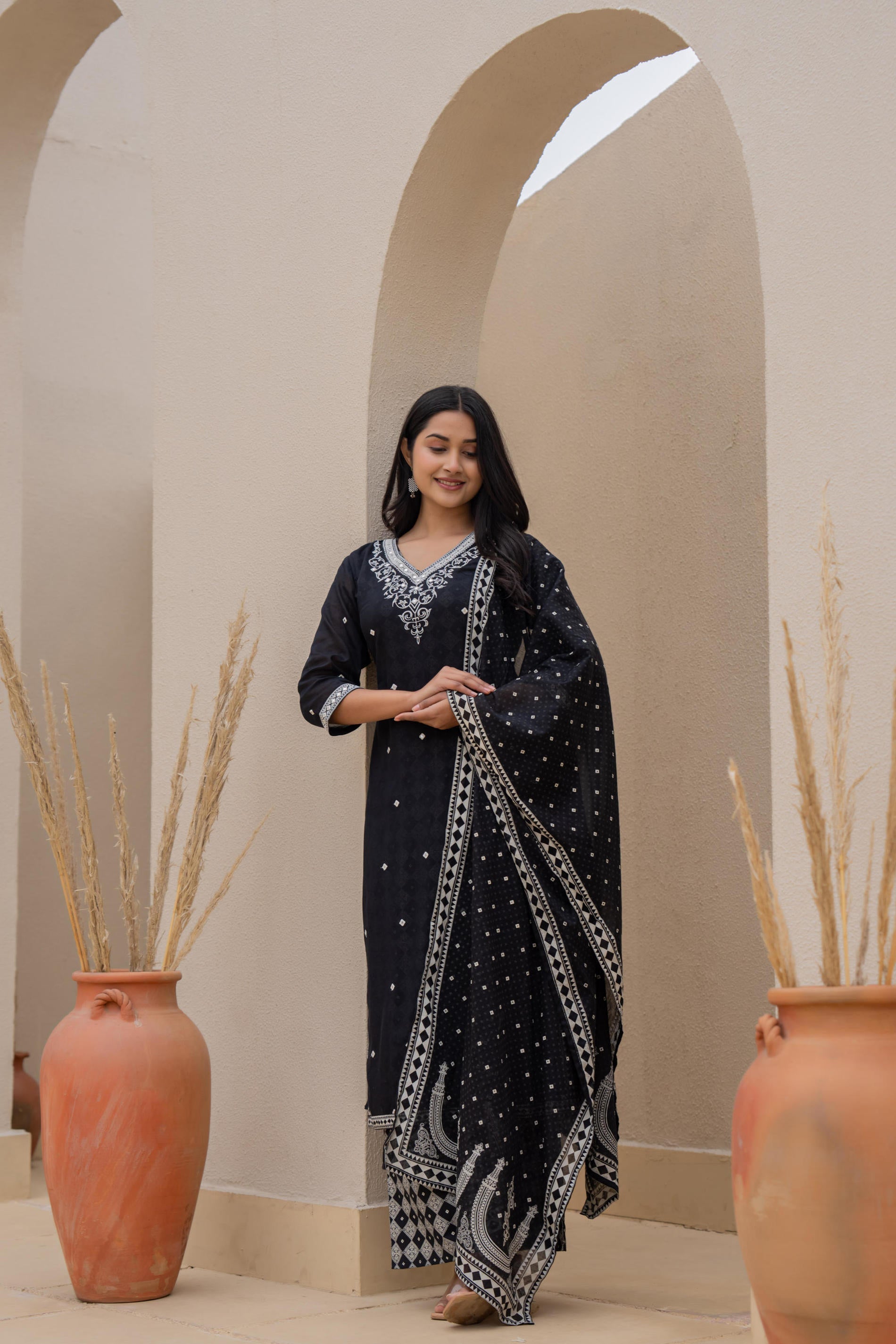 Black Printed Cotton Kurta Set with Embroidered Neckline & Dupatta | D