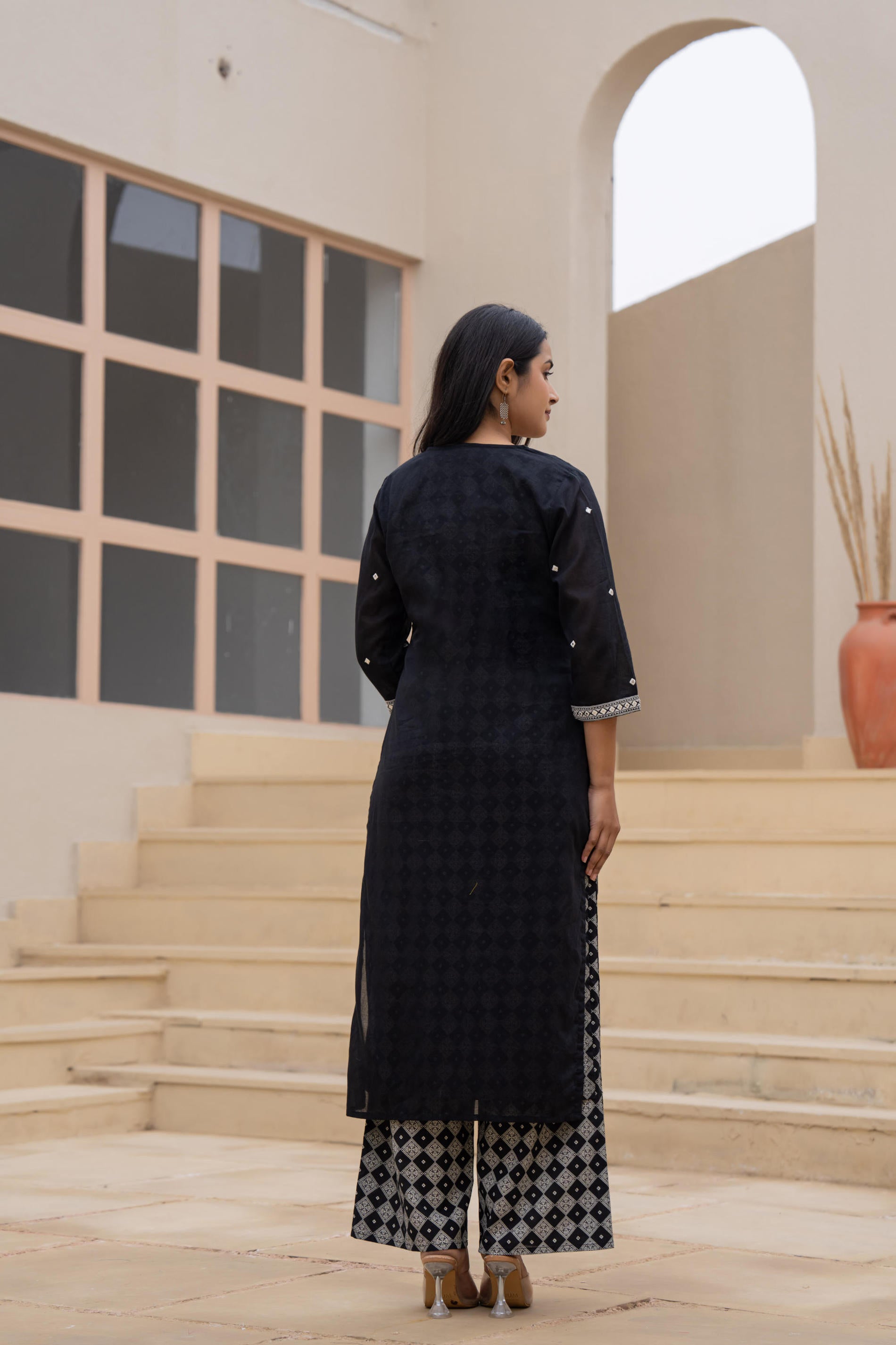 Black Printed Cotton Kurta Set with Embroidered Neckline & Dupatta | D