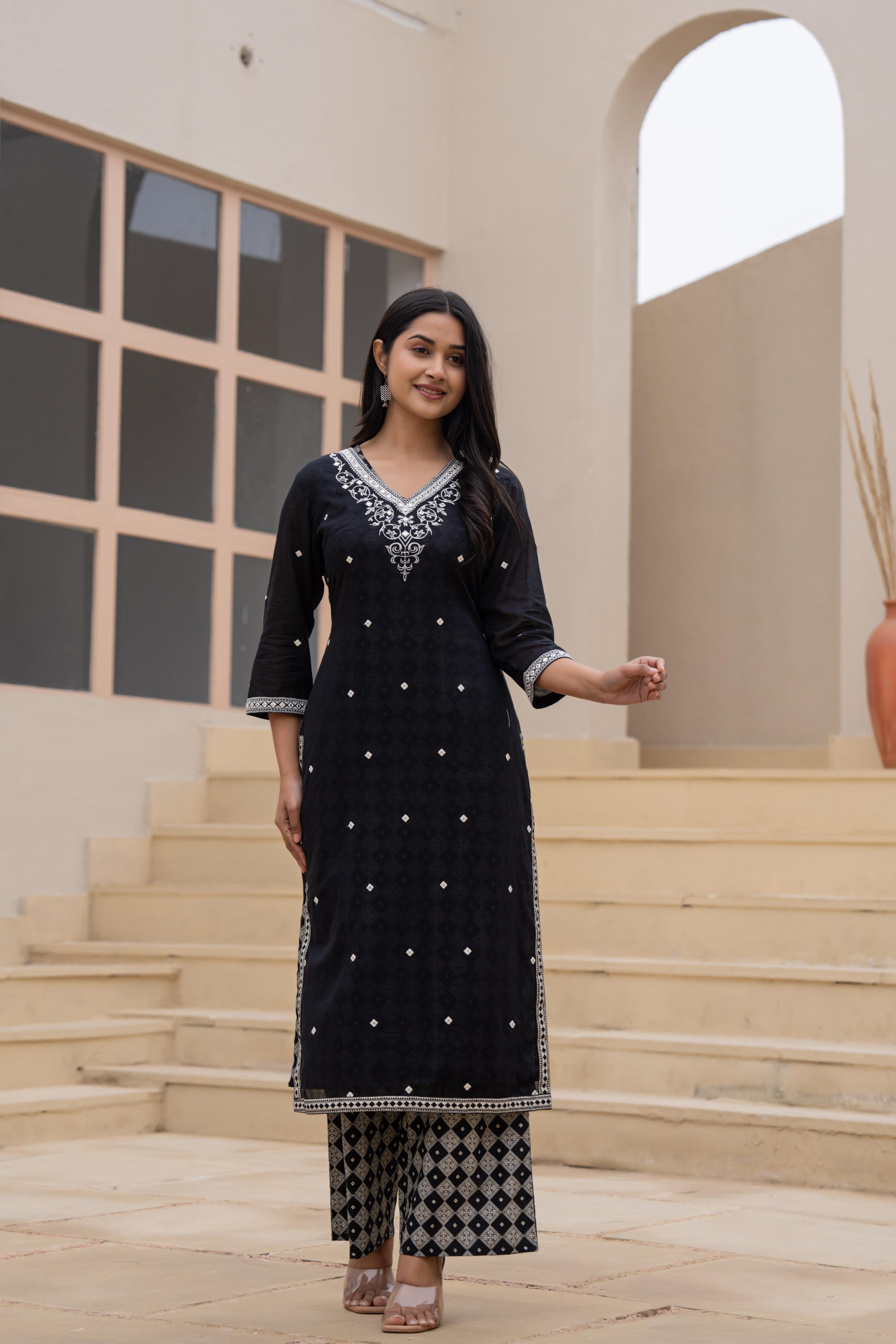 Black Printed Cotton Kurta Set with Embroidered Neckline & Dupatta | D