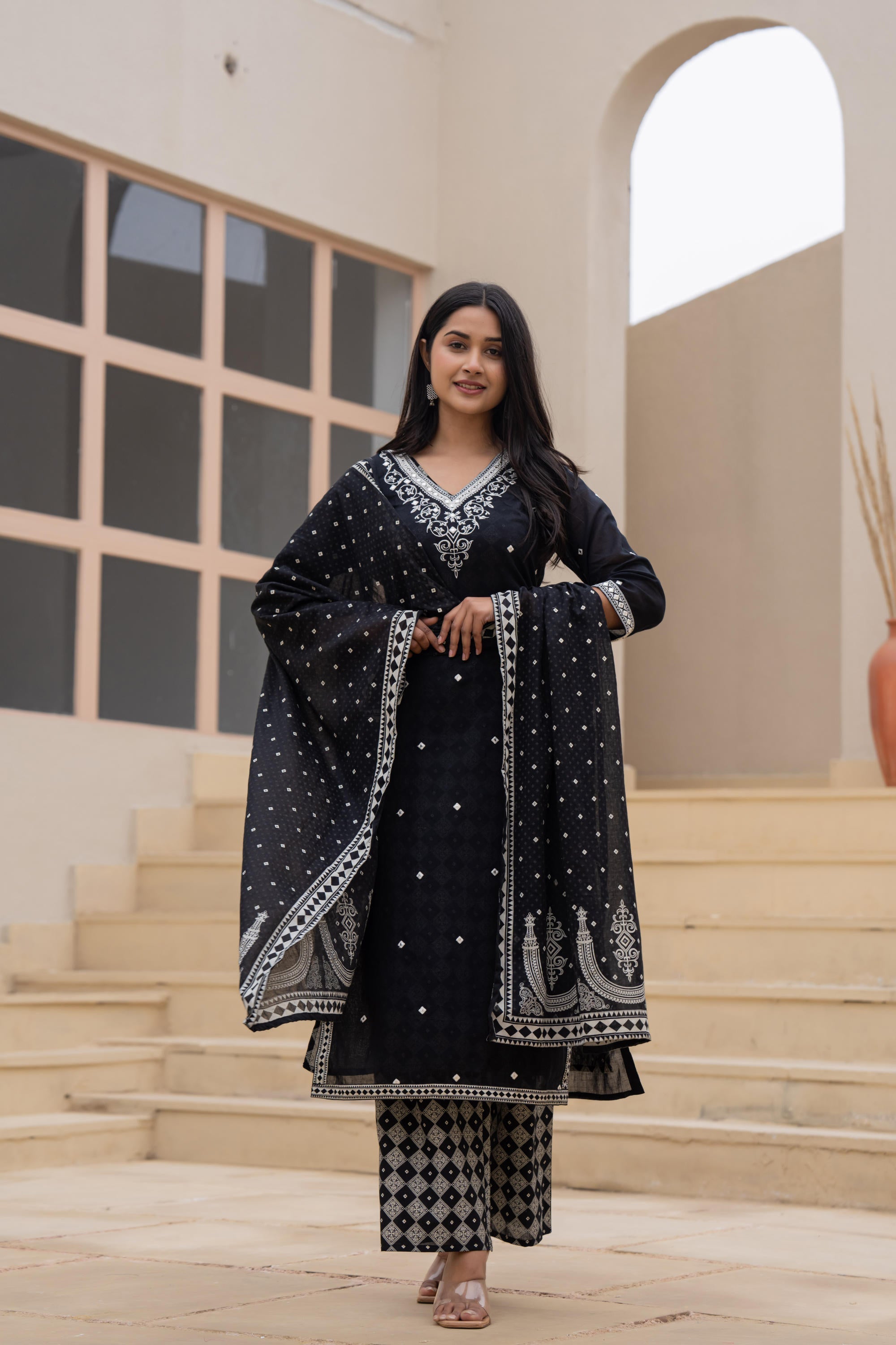 Black Printed Cotton Kurta Set with Embroidered Neckline & Dupatta | D