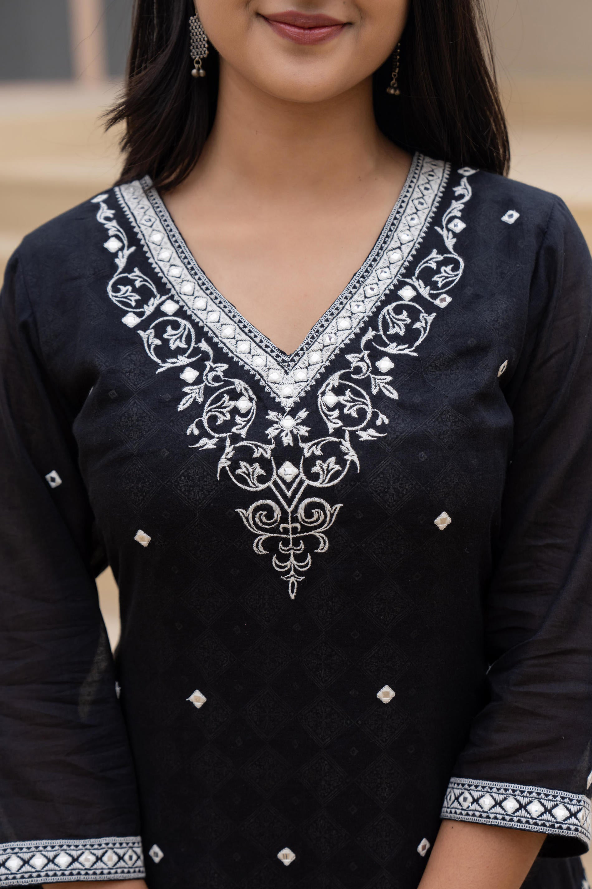 Black Printed Cotton Kurta Set with Embroidered Neckline & Dupatta | D