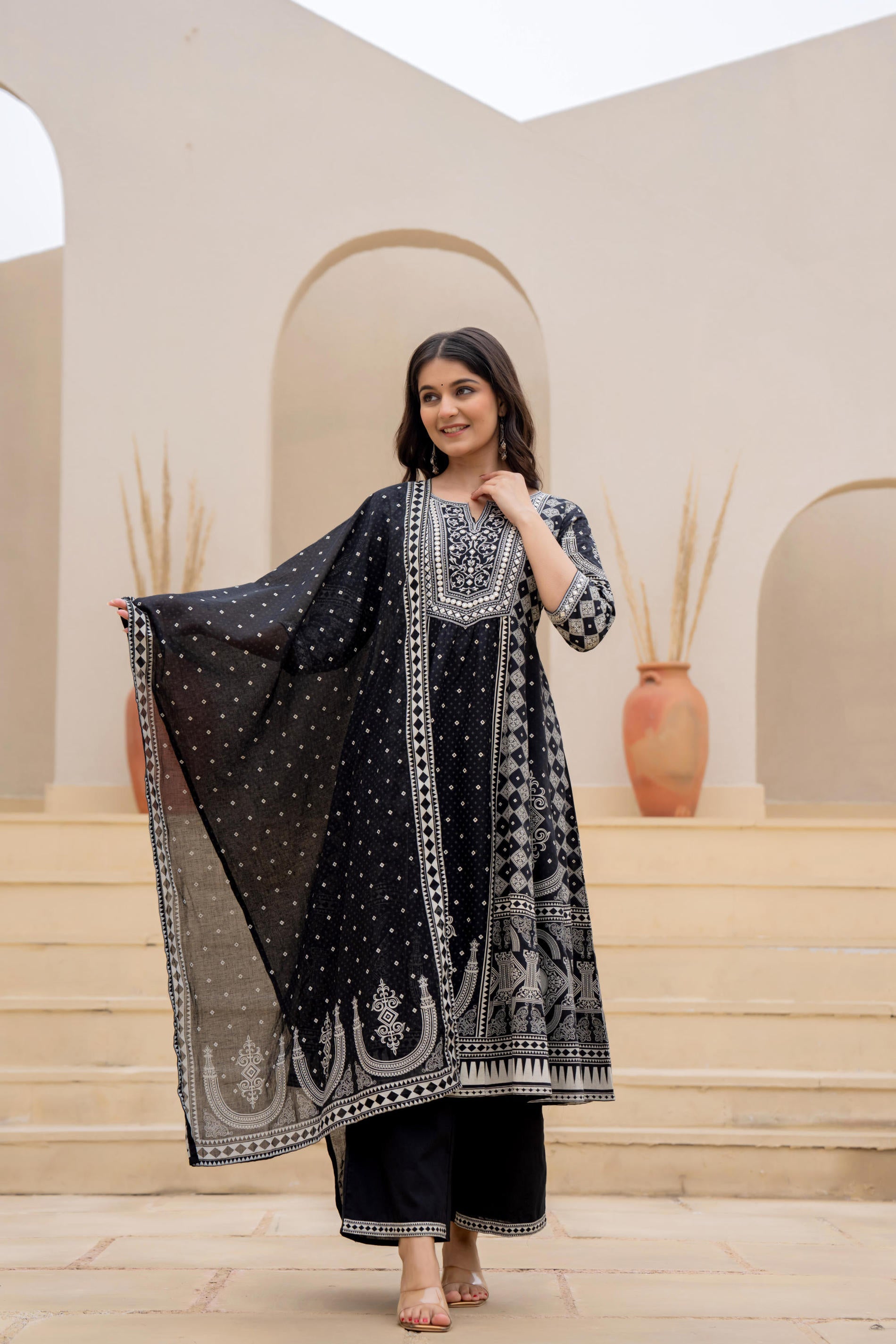 Black Ethnic Motif Printed Kurta Set With Thread & Mirror Work | DesiQ