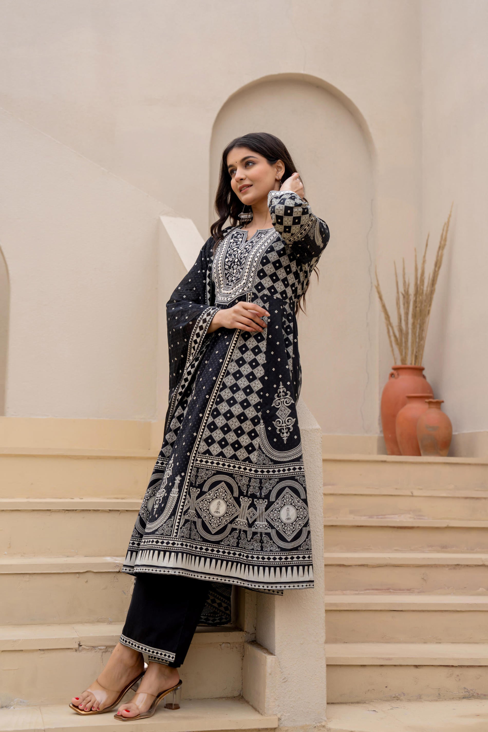 Black Ethnic Motif Printed Kurta Set With Thread & Mirror Work | DesiQ