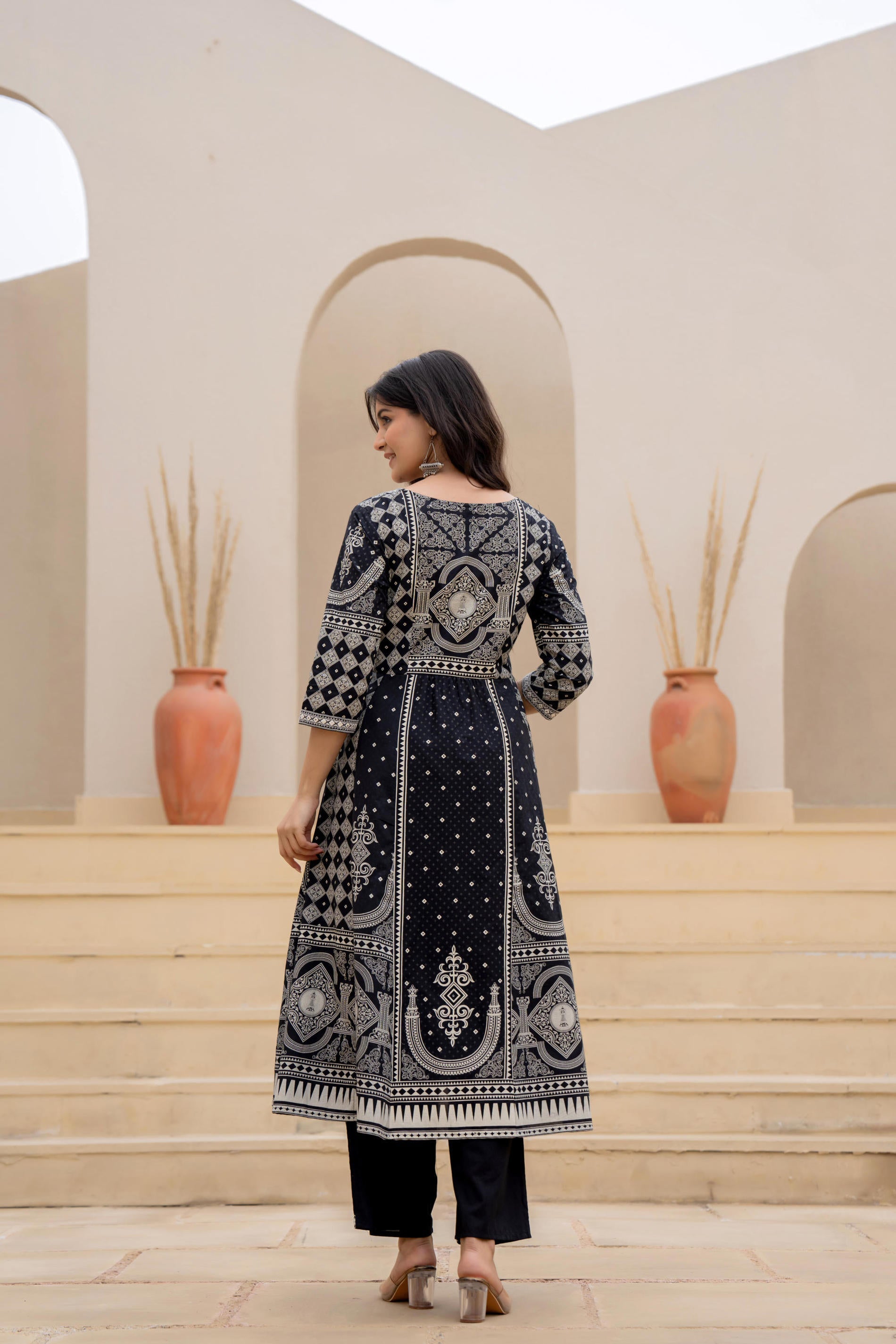 Black Ethnic Motif Printed Kurta Set With Thread & Mirror Work | DesiQ