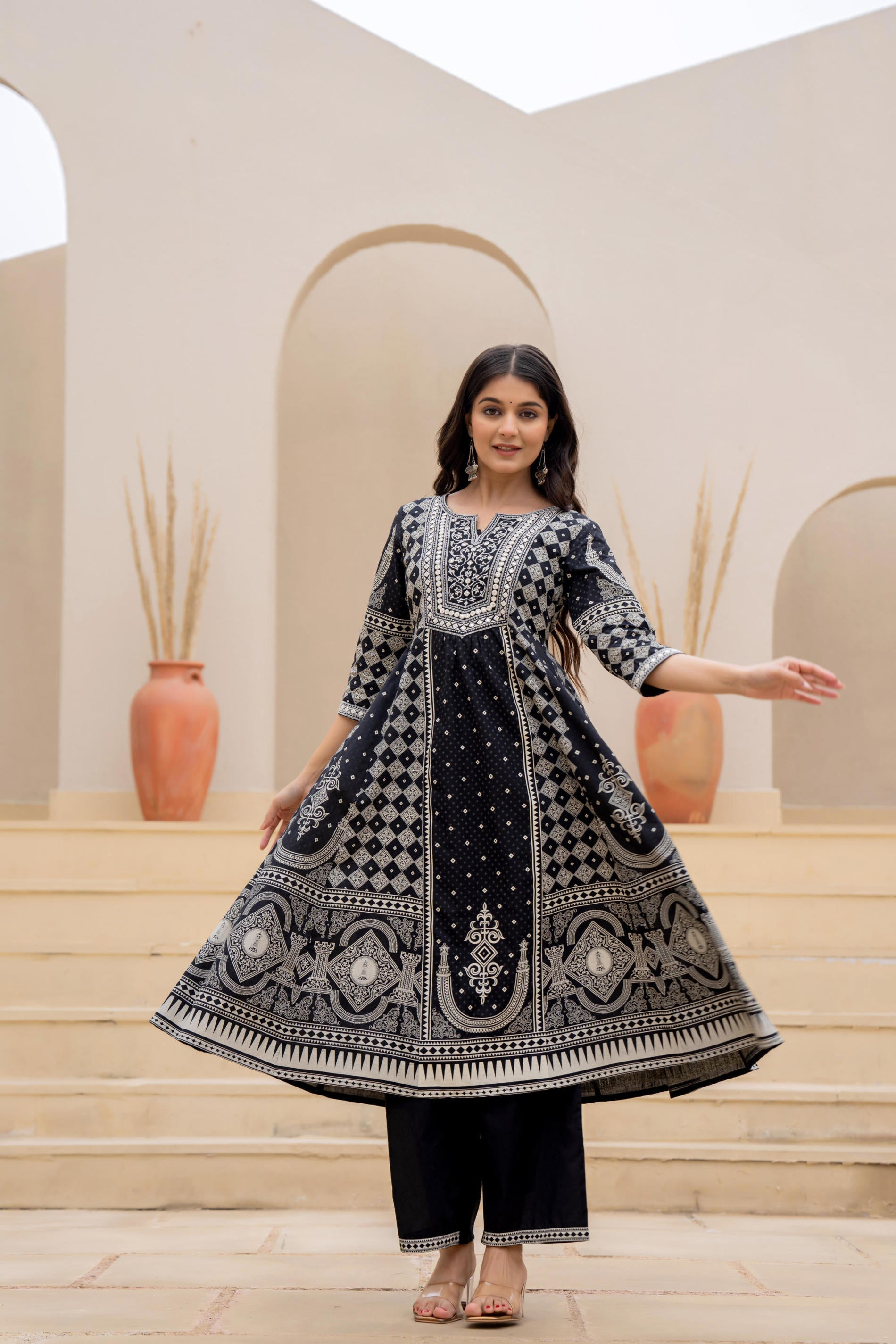Black Ethnic Motif Printed Kurta Set With Thread & Mirror Work | DesiQ