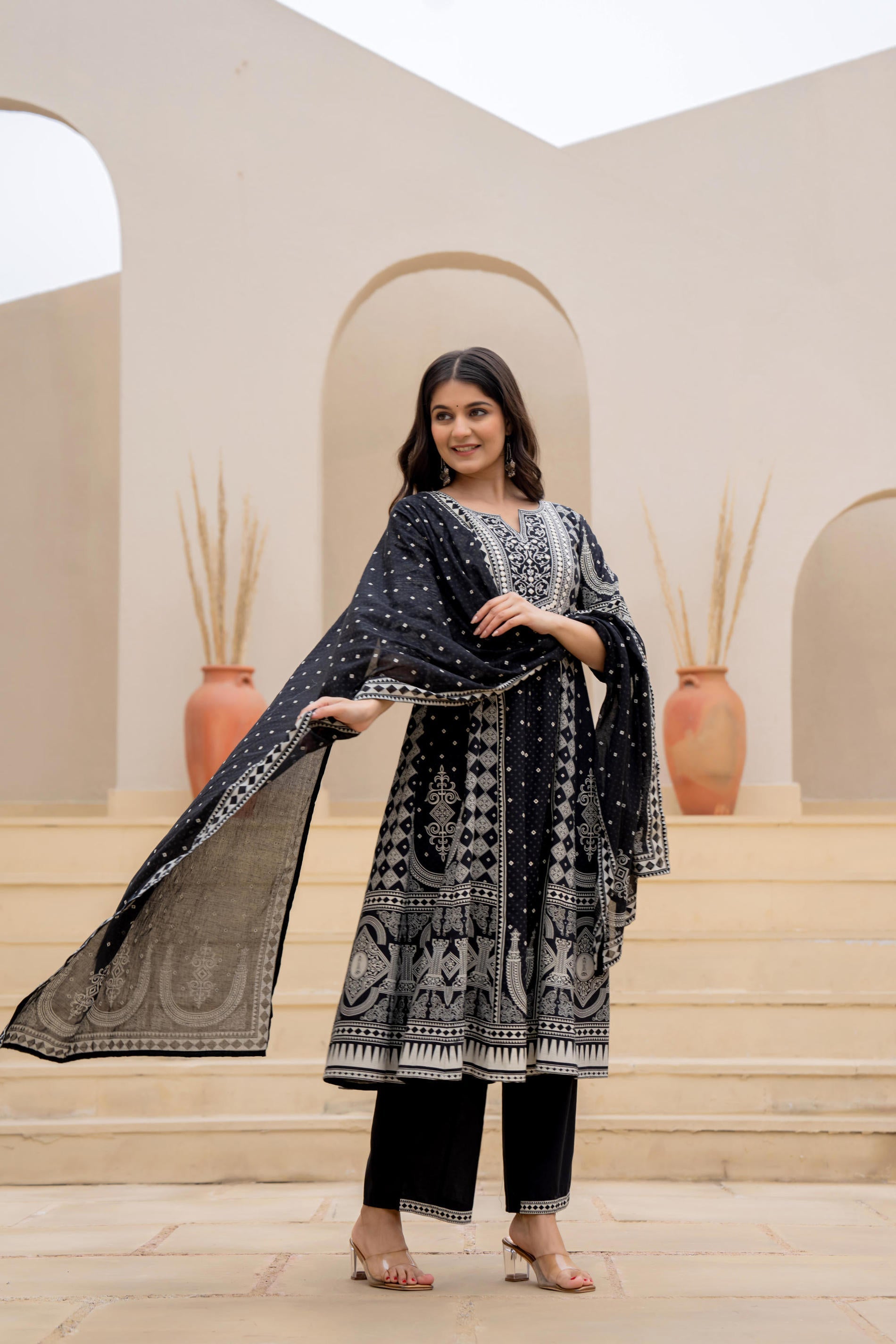 Black Ethnic Motif Printed Kurta Set With Thread & Mirror Work | DesiQ
