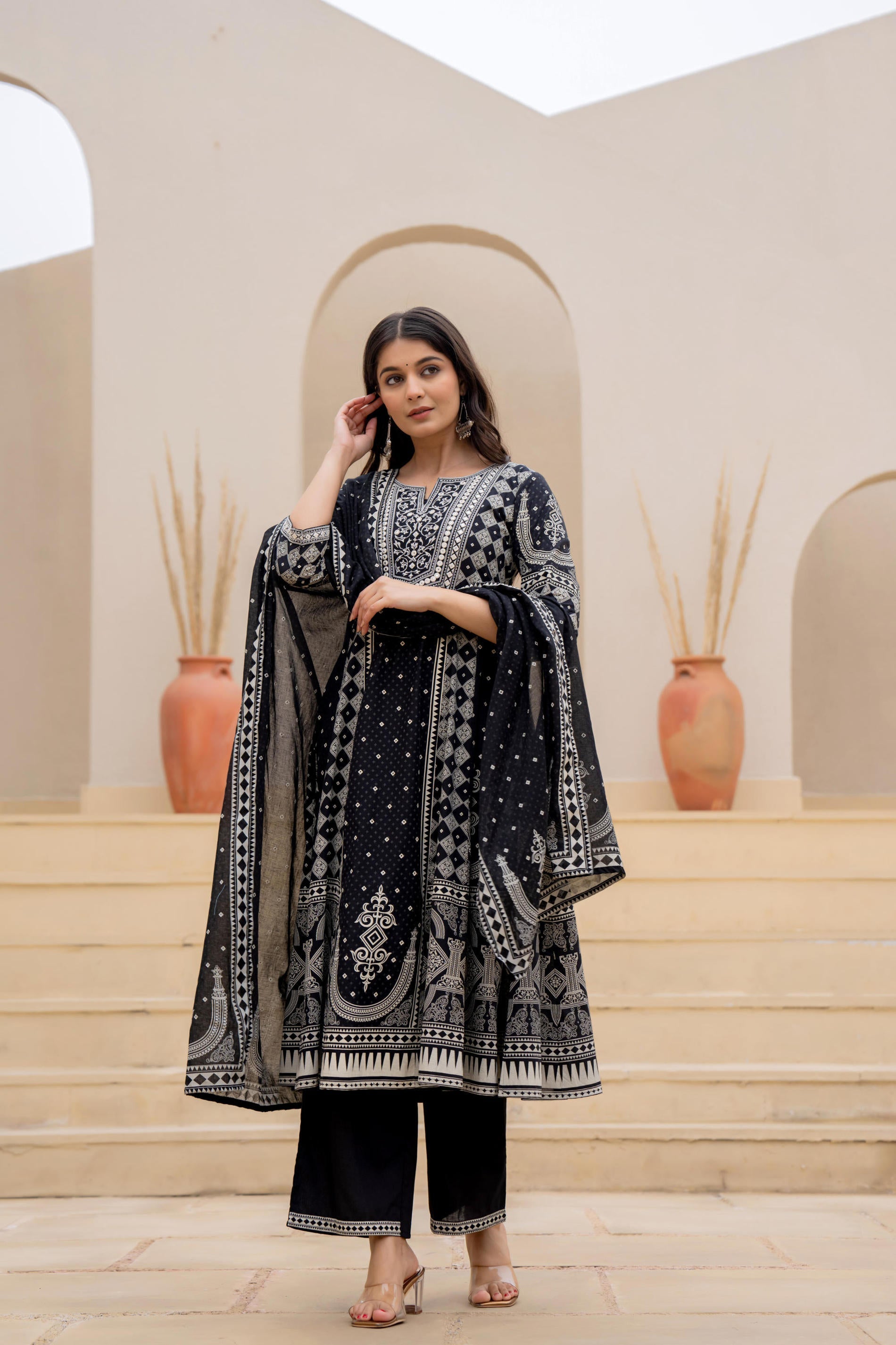 Black Ethnic Motif Printed Kurta Set With Thread & Mirror Work | DesiQ