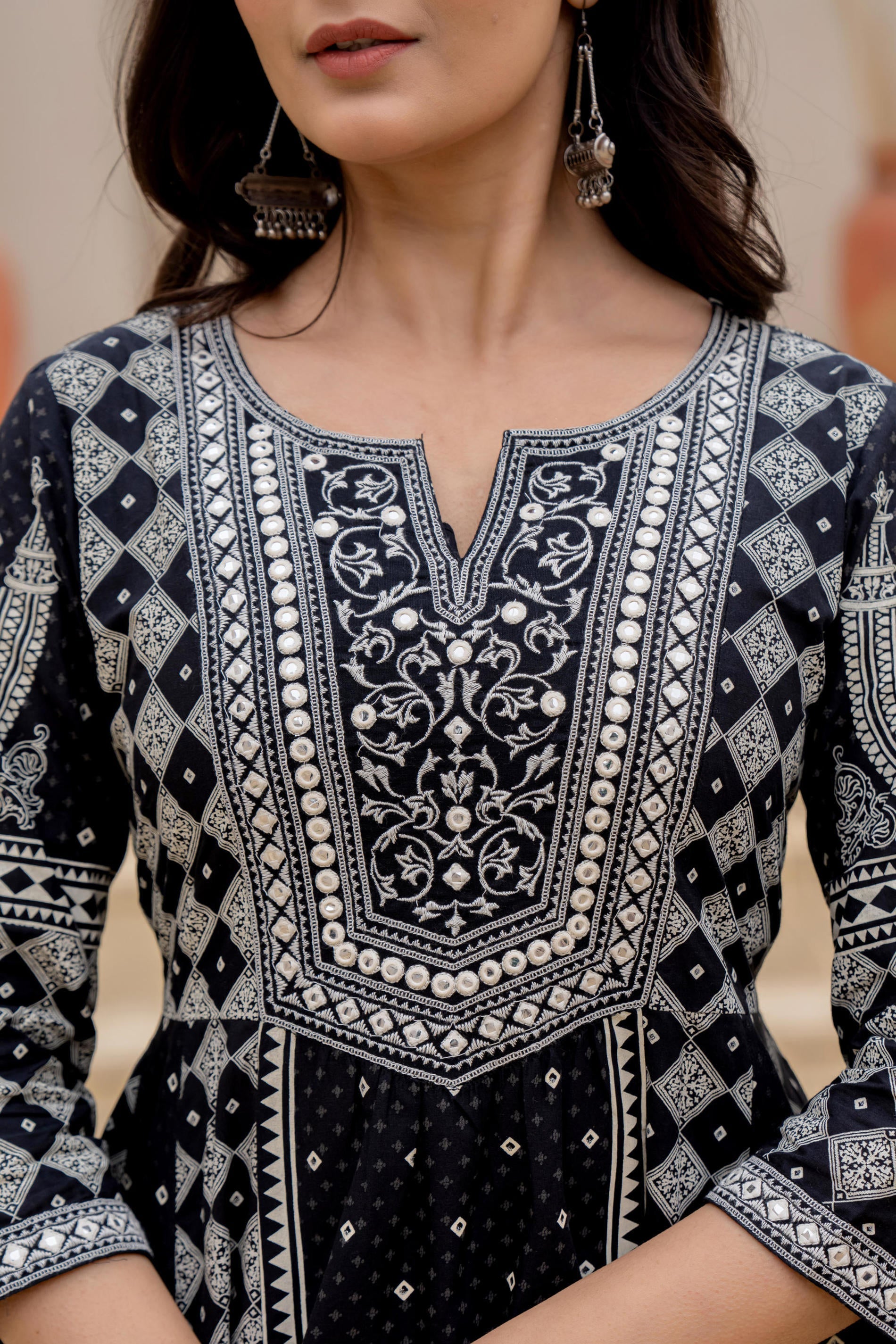 Black Ethnic Motif Printed Kurta Set With Thread & Mirror Work | DesiQ