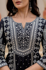 Black Ethnic Motif Printed Kurta Set With Thread & Mirror Work