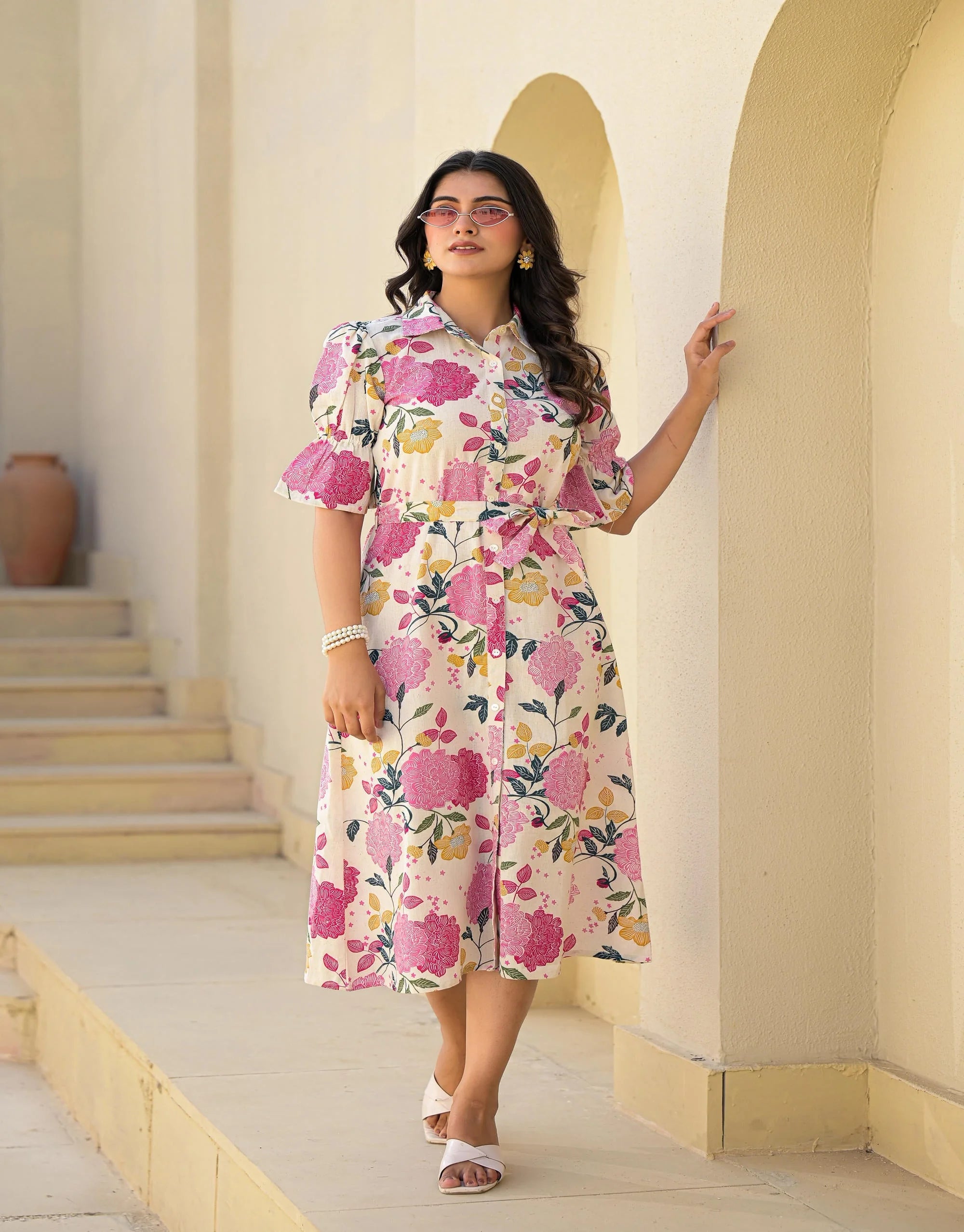 Pink Floral Cotton Dress | Indian Dresses Online