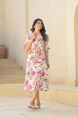Pink Floral Printed Cotton Long Dress With Belt-P1169PINK