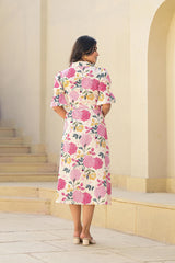 Pink Floral Printed Cotton Long Dress With Belt-P1169PINK