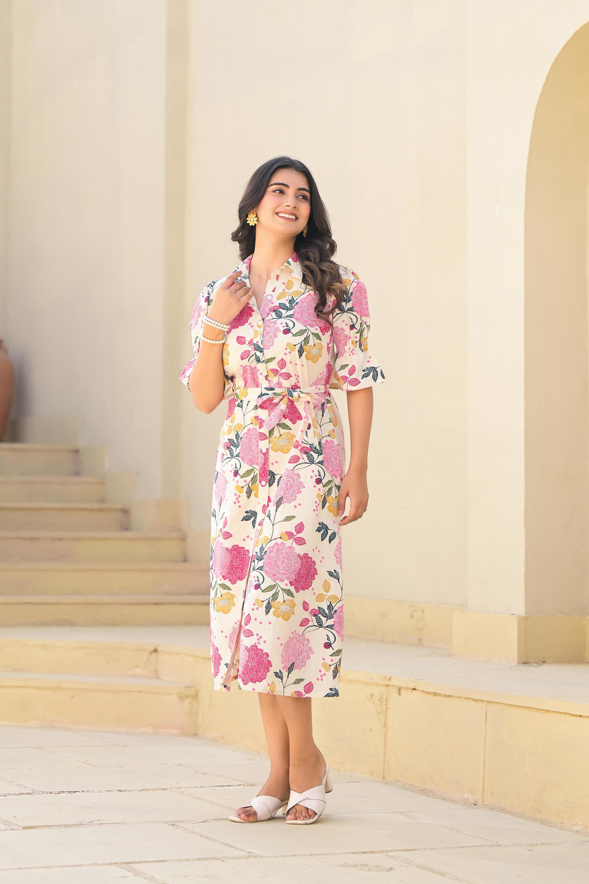 Pink Floral Printed Cotton Long Dress With Belt