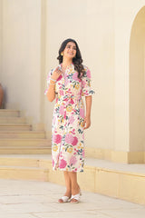 Pink Floral Printed Cotton Long Dress With Belt-P1169PINK