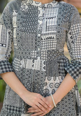 Black Geometric Printed Cotton Short Dress With Buttons-P1172BLACK