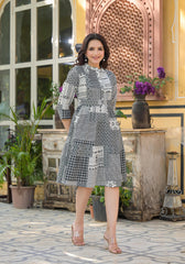 Black Geometric Printed Cotton Short Dress With Buttons-P1172BLACK