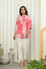 Pink Geometric Printed Cotton Tunic With Buttons-P1173PINK