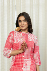 Pink Geometric Printed Cotton Tunic With Buttons-P1173PINK