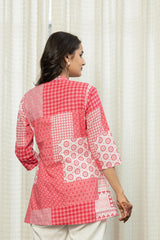 Pink Geometric Printed Cotton Tunic With Buttons-P1173PINK