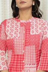 Pink Geometric Printed Cotton Tunic With Buttons-P1173PINK
