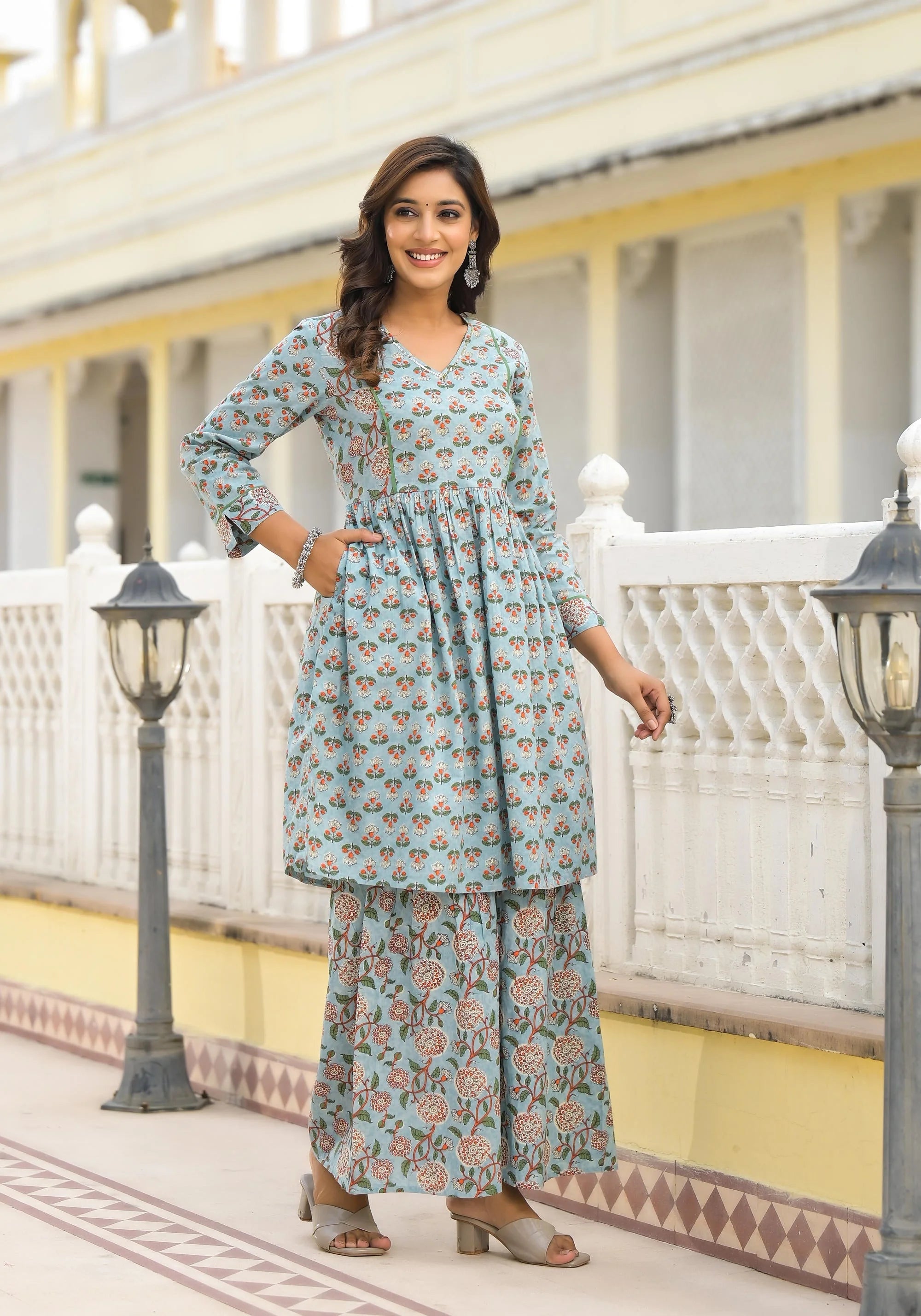 Floral Cotton Kurta Sharara Set: Indian Suits for Women - Suit...