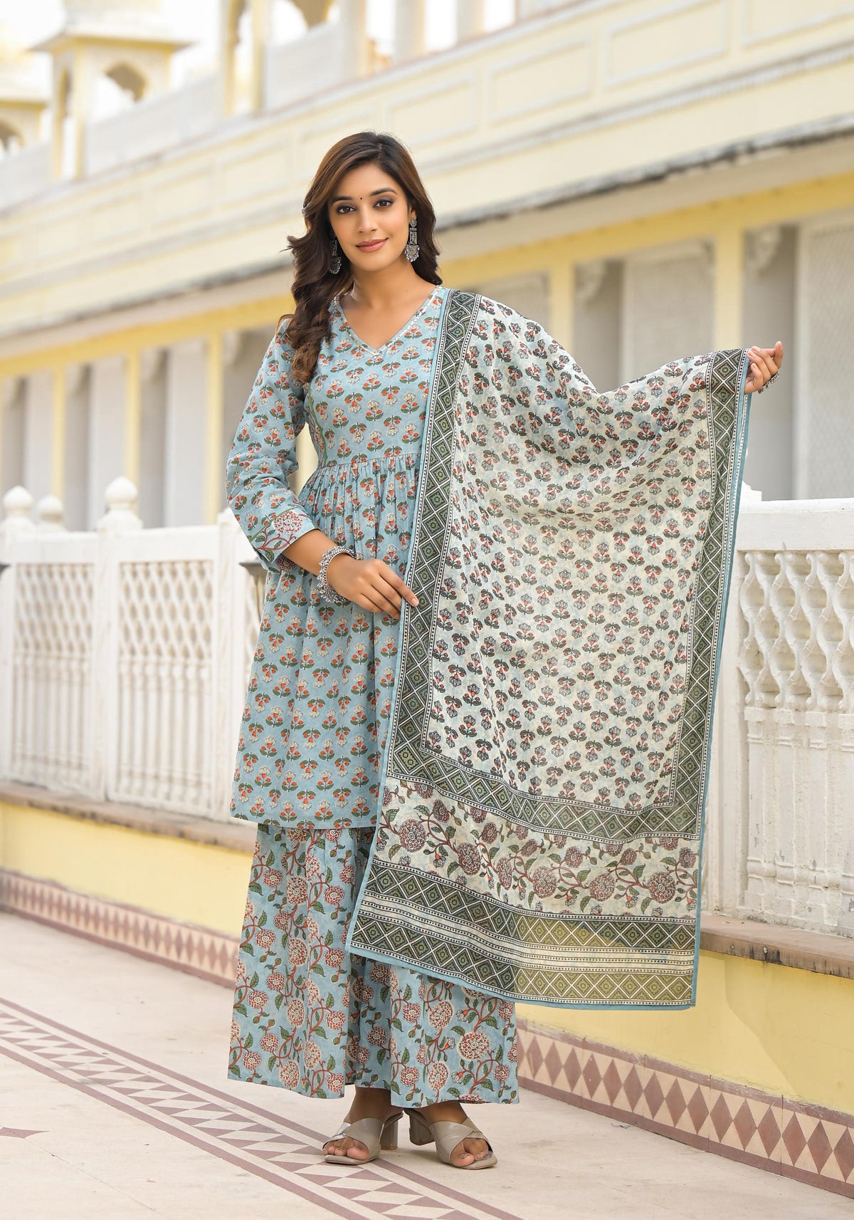 Grey Floral Printed Cotton Kurta Sharara And Dupatta Set With Sequins-P1182GREY