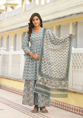 Grey Floral Printed Cotton Kurta Sharara And Dupatta Set With Sequins-P1182GREY