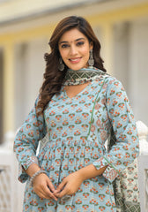 Grey Floral Printed Cotton Kurta Sharara And Dupatta Set With Sequins-P1182GREY