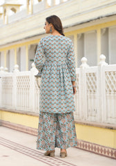 Grey Floral Printed Cotton Kurta Sharara And Dupatta Set With Sequins-P1182GREY