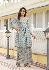 Grey Floral Printed Cotton Kurta Sharara And Dupatta Set With Sequins-P1182GREY