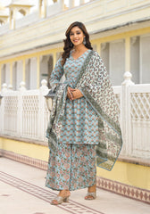 Grey Floral Printed Cotton Kurta Sharara And Dupatta Set With Sequins-P1182GREY