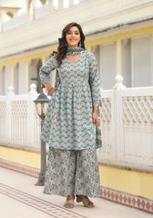 Grey Floral Printed Cotton Kurta Sharara And Dupatta Set With Sequins-P1182GREY