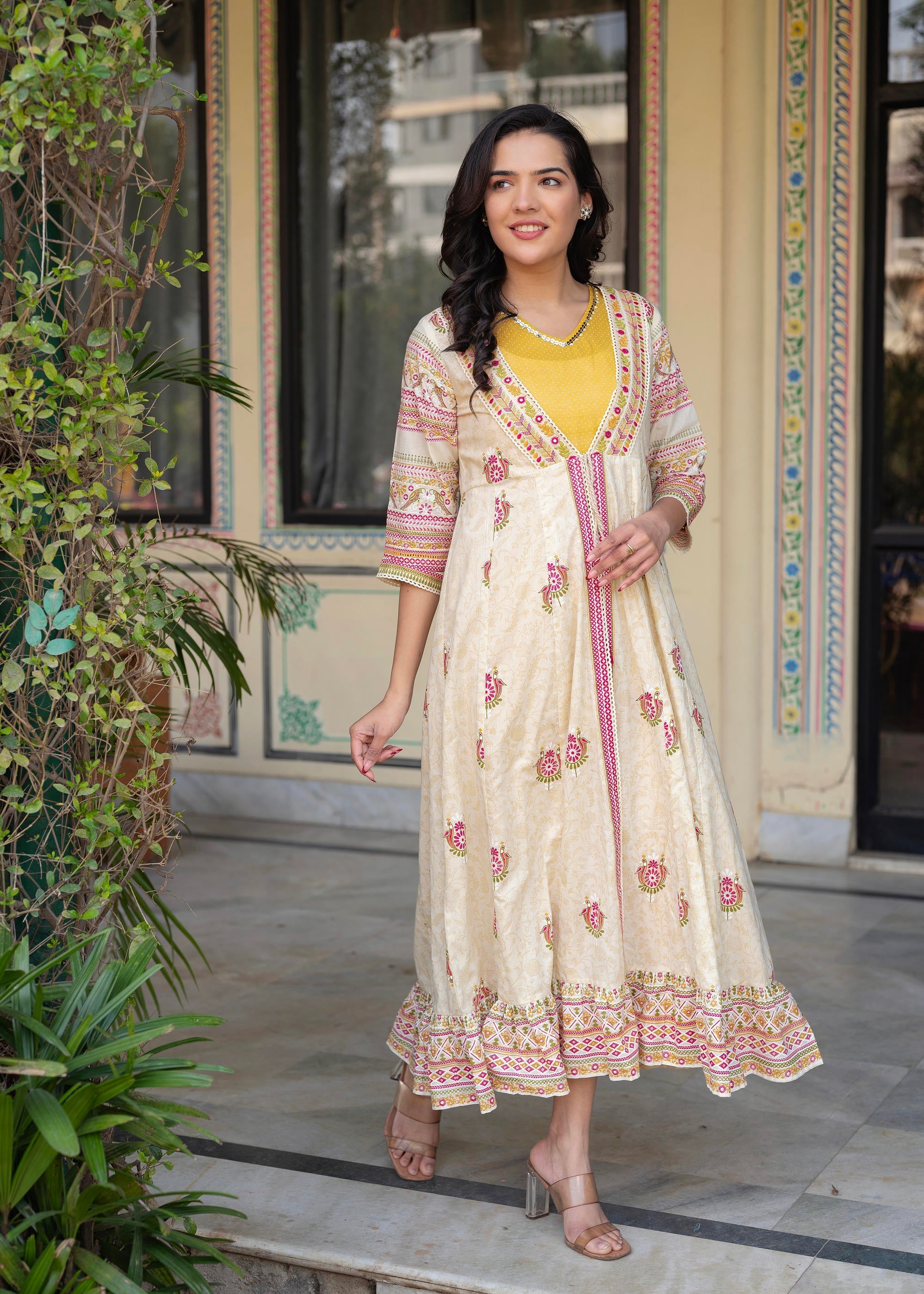 Women Printed Floral Fit & Flared Dress - Beige | DesiQlo