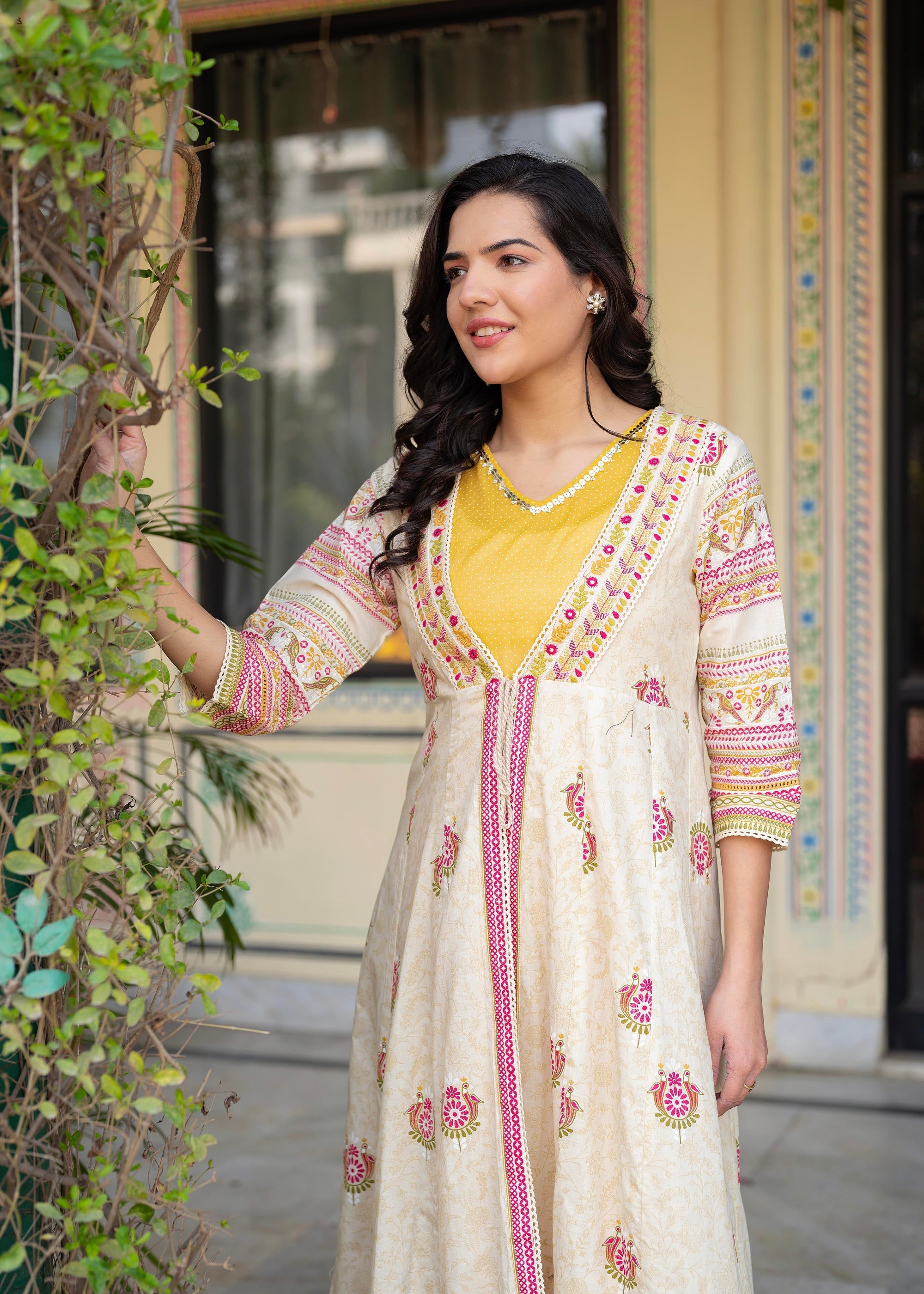 Women Printed Floral Fit & Flared Dress - Beige | DesiQlo