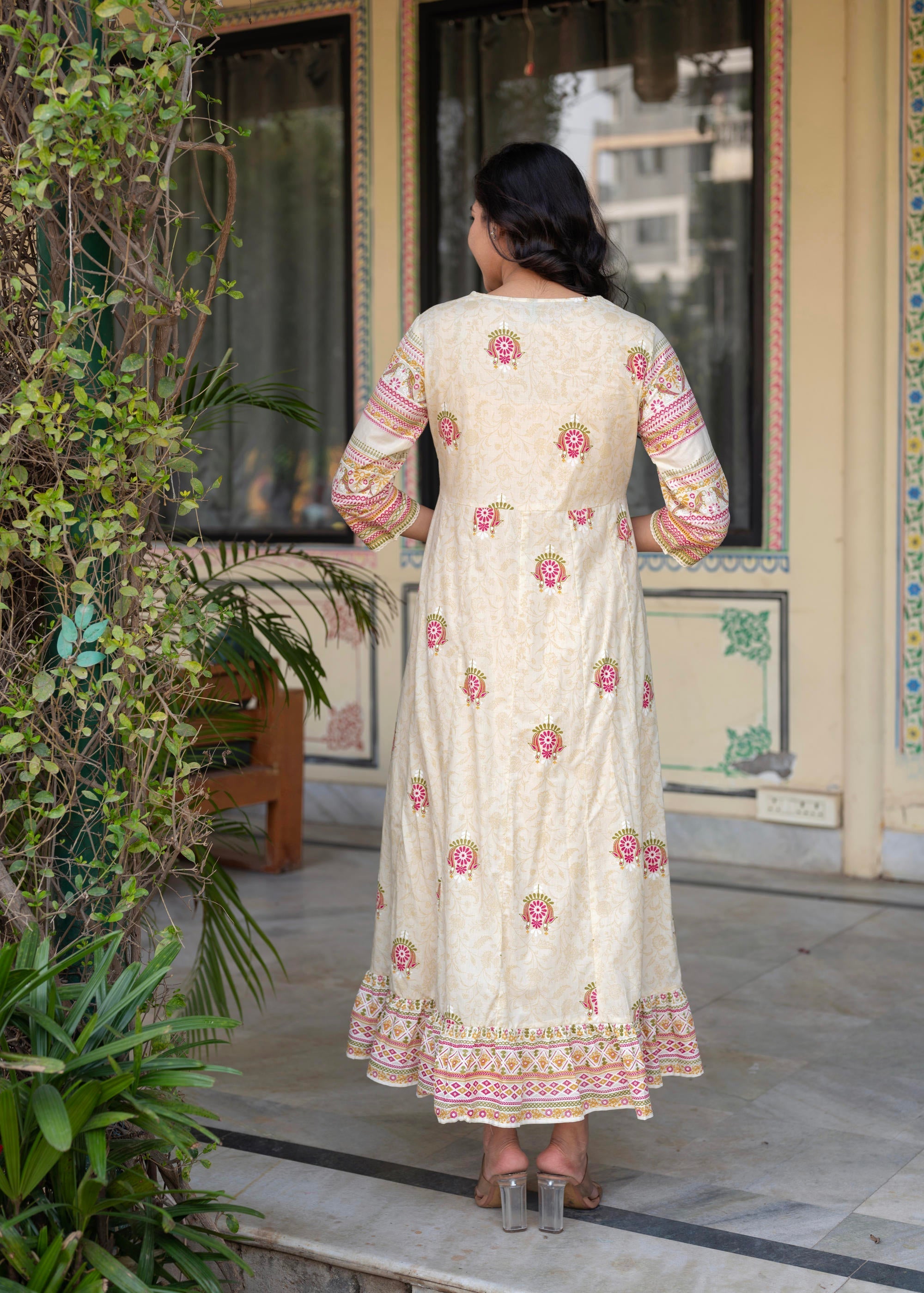 Women Printed Floral Fit & Flared Dress - Beige | DesiQlo