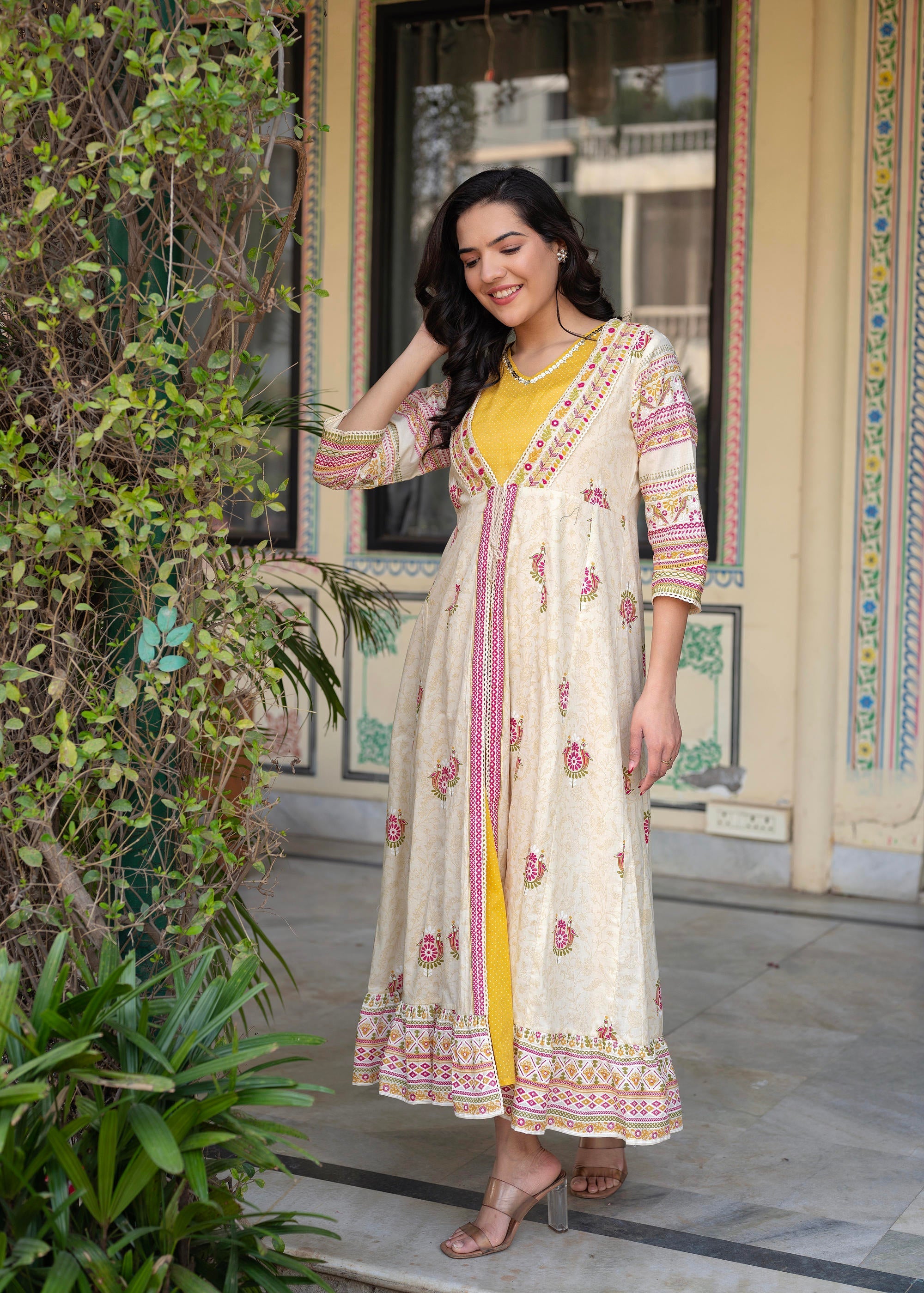 Women Printed Floral Fit & Flared Dress - Beige | DesiQlo