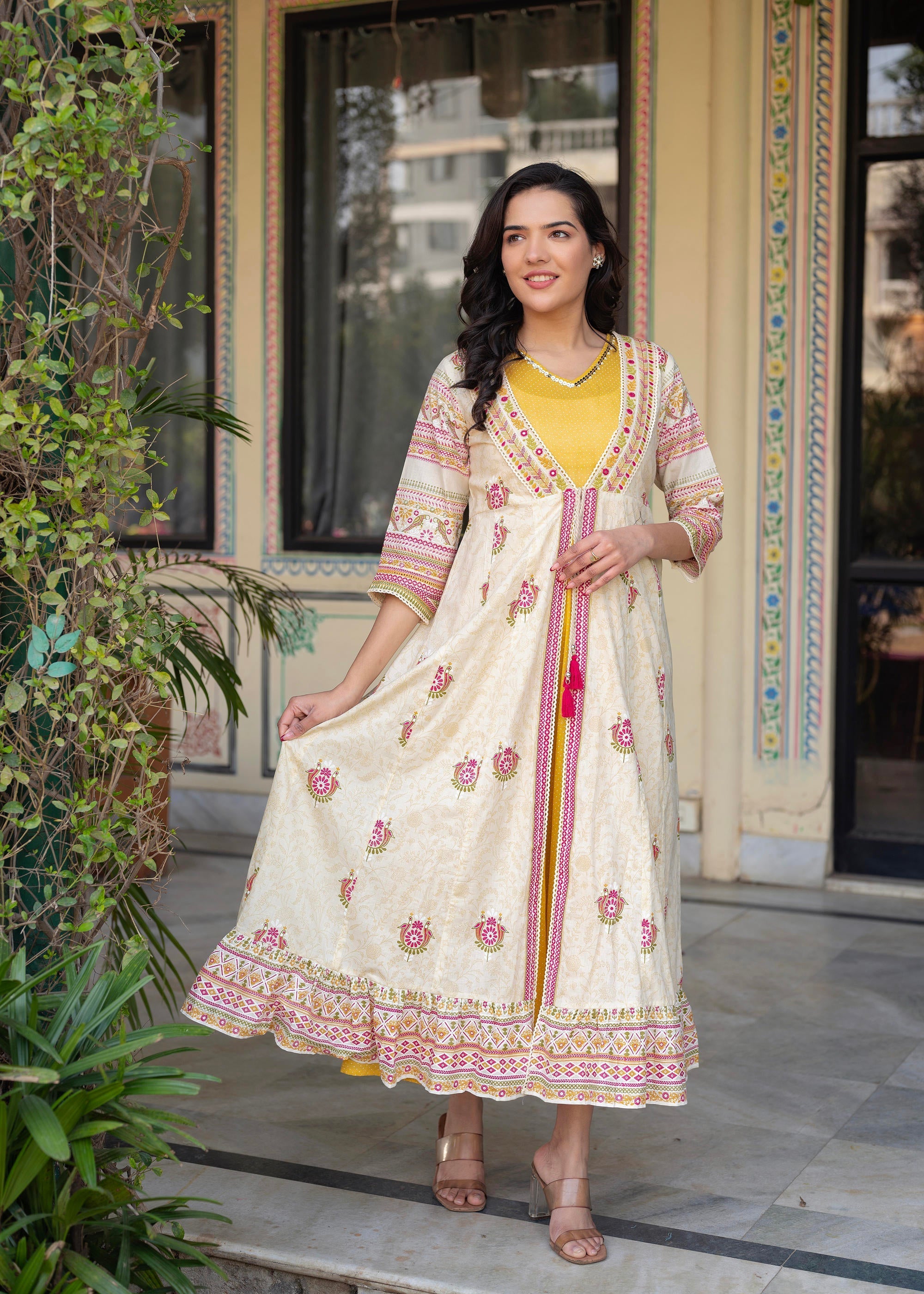 Women Printed Floral Fit & Flared Dress - Beige | DesiQlo