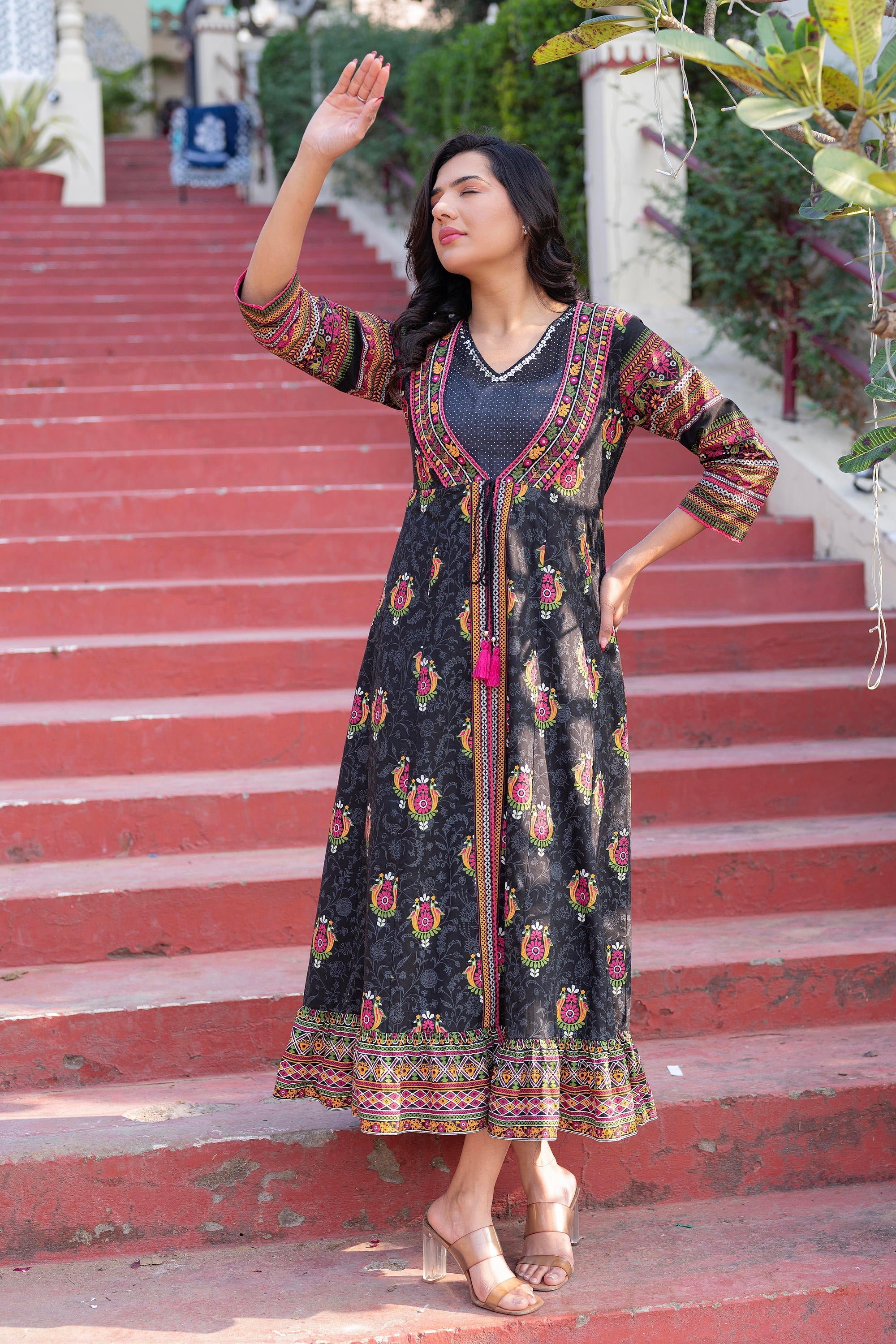 Women Printed Floral Fit & Flared Dress - Black | DesiQlo