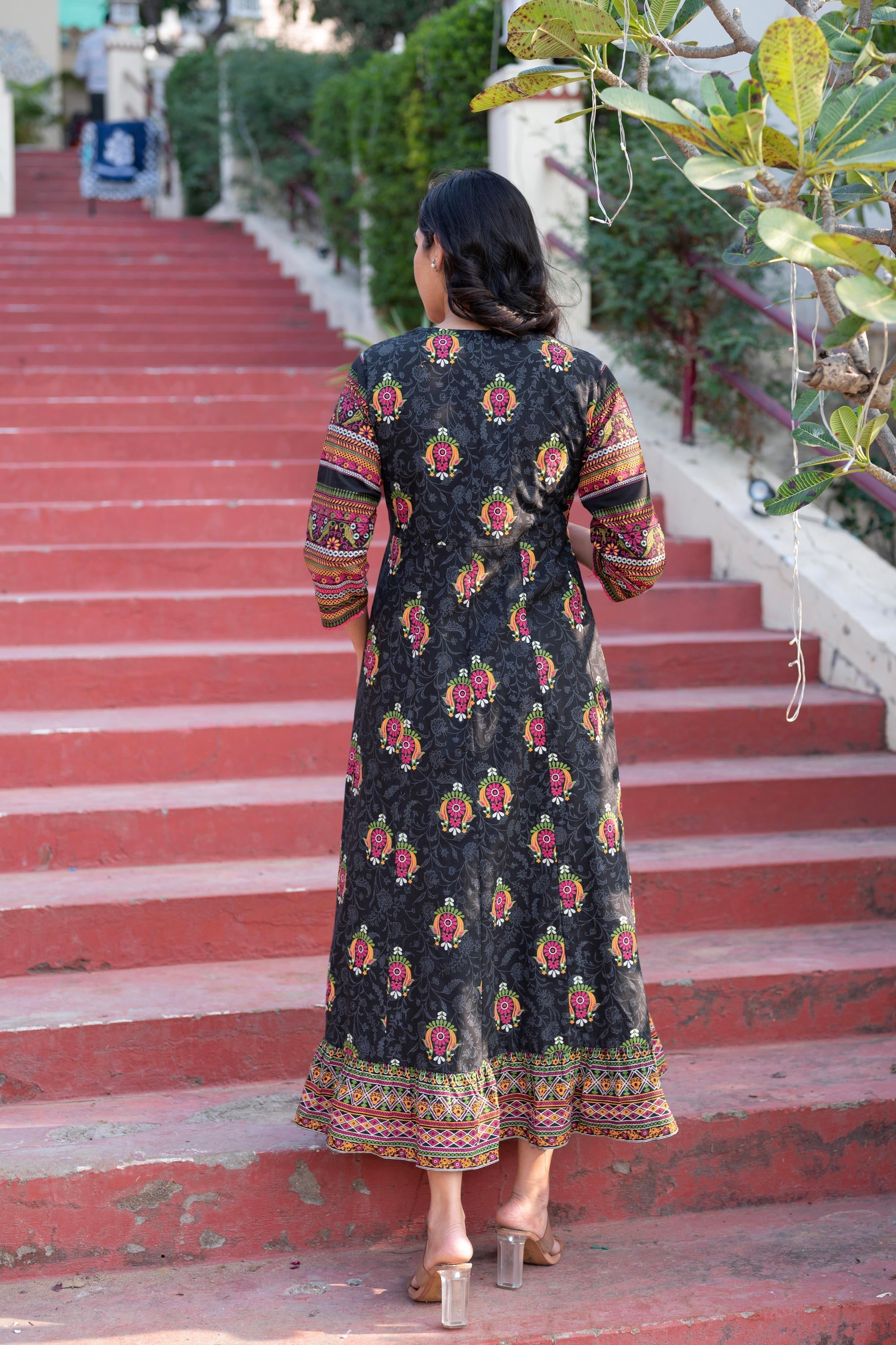 Women Printed Floral Fit & Flared Dress - Black | DesiQlo