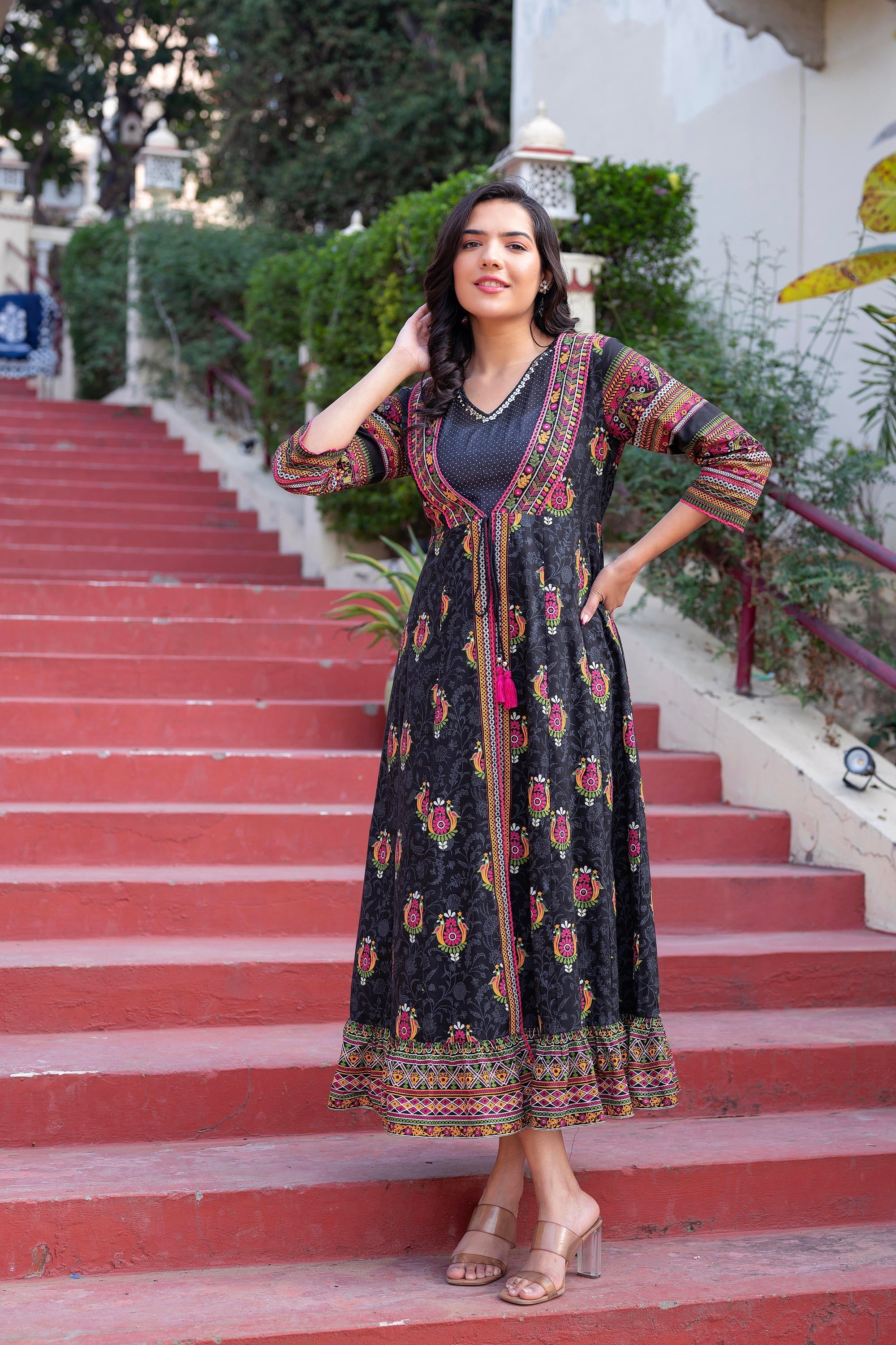 Women Printed Floral Fit & Flared Dress - Black | DesiQlo
