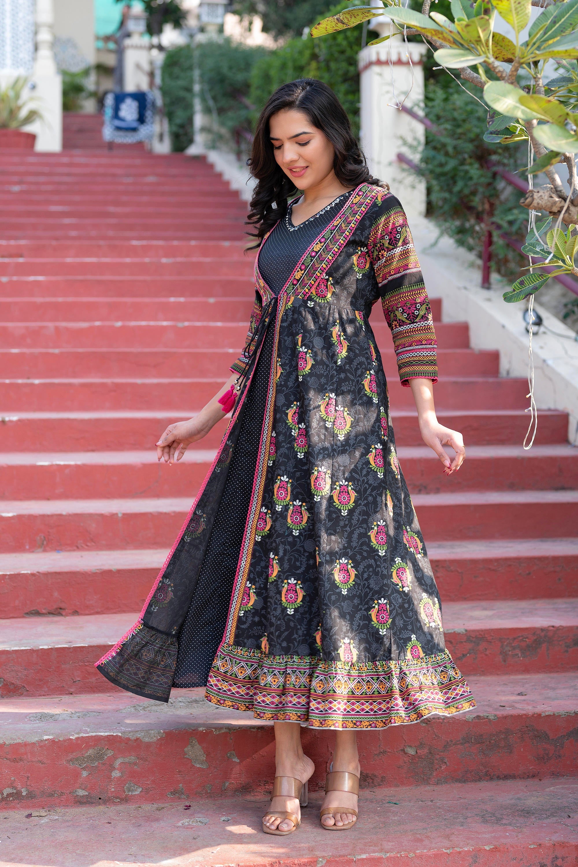 Women Printed Floral Fit & Flared Dress - Black | DesiQlo