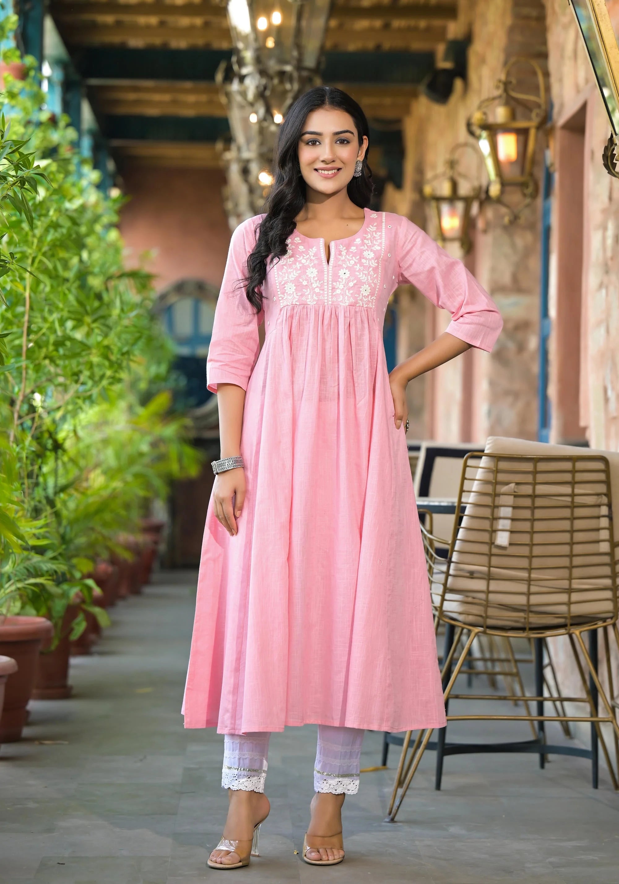Onion Pink Cotton Indian Kurta with Thread Embroidery | Buy Ku…