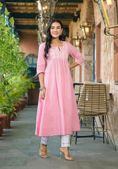 Onion Pink Solid Cotton Kurta With Thread Embroidery-P1198ONIONPINK_OF