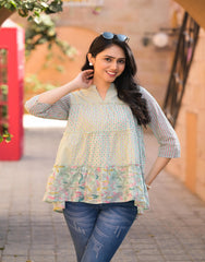 Pista Green Floral Printed Cotton Gathered Tunic