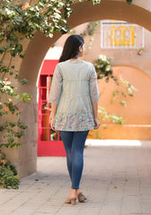 Pista Green Floral Printed Cotton Gathered Tunic