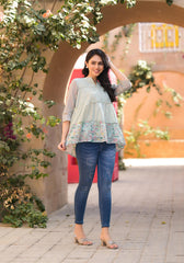 Pista Green Floral Printed Cotton Gathered Tunic